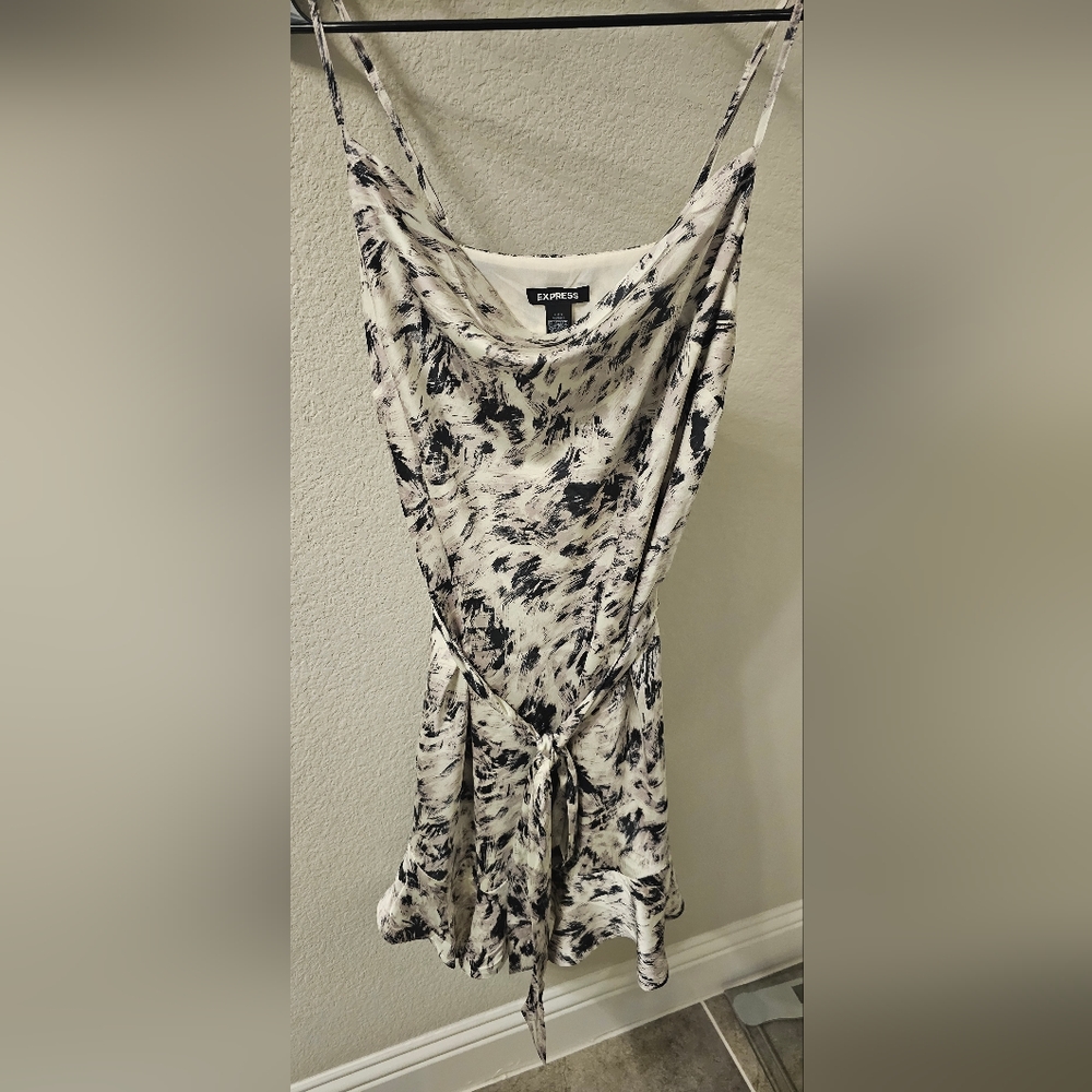 Express Printed Satin Cowl Neck Belted Ruffle Slip Dress